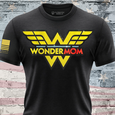 Superhero mom graphic tee for strong patriotic independent women